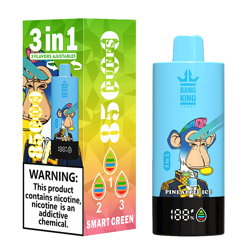 Bang King Triple 85000 Puffs Vape offers 3-in-1 adjustable flavors, triple mesh coil, LED display, and 63mL capacity—perfect for long-lasting, flavorful vaping.