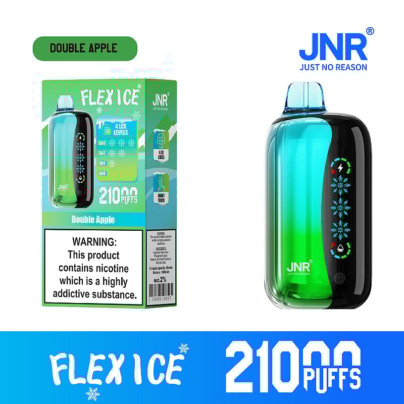JNR Flex Ice 21000 puffs vape offers  dual mesh coil, touch screen, adjustable ice and airflow, with 15 flavors, LED display, and Type-C fast charging.