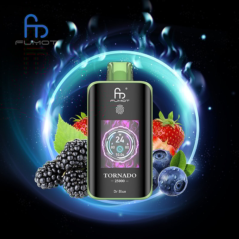The RandM Fumot Tornado 25K Puffs Vape delivers 20 mL e‑liquid, 700 mAh battery, dual mesh coil,TFT display,touch‑switch power control and Type‑C charging with 2%,3%,5% nicotine