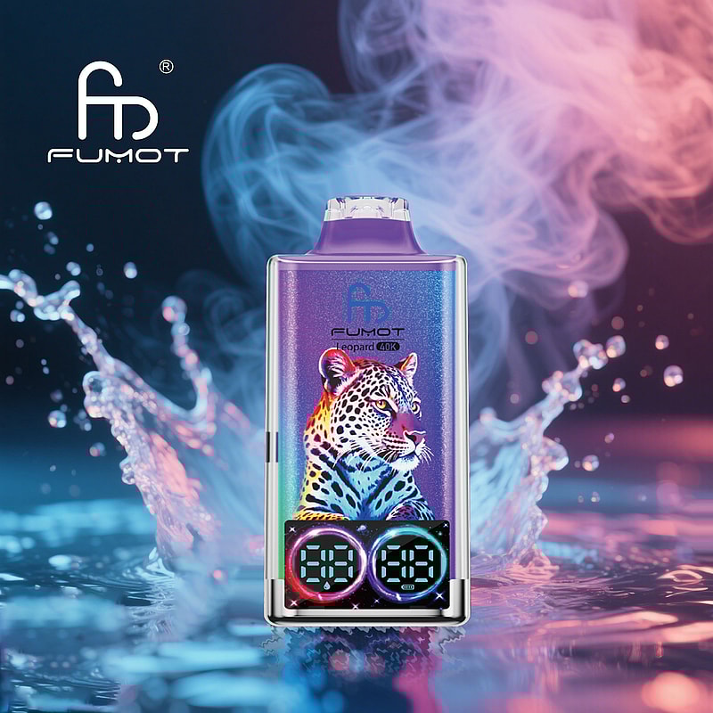 RandM Fumot Leopard 40K puffs vape delivers dual mesh coils, LED indicator, RGB lights, digital display, and 16 flavors with 2%, 3%, or 5% nicotine.