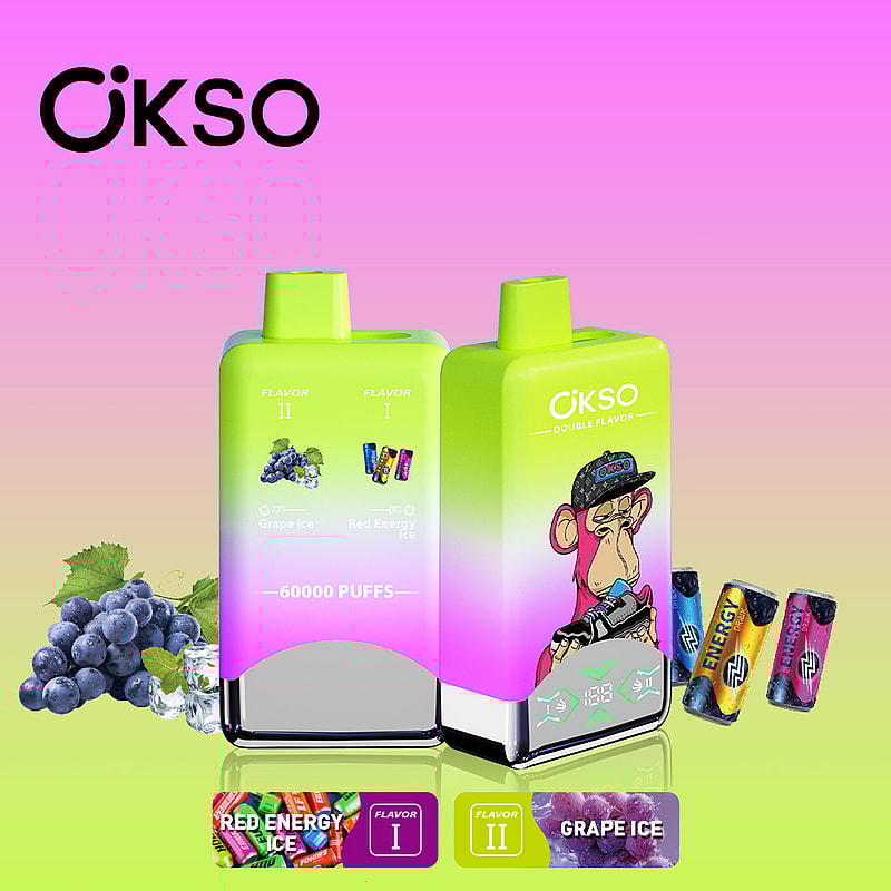 OKSO Double Flavor 60000 Puffs Vape features 50mL e-liquid, dual mesh coils, LED screen, Type-C charging, and switchable double flavors with nicotine options.