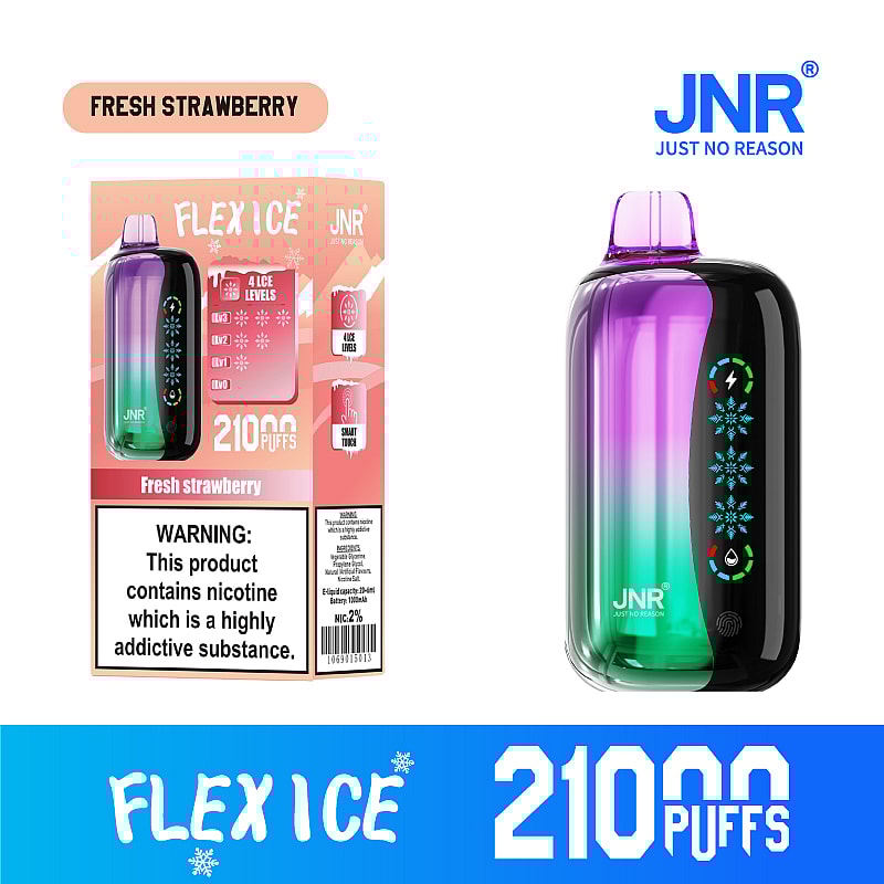 JNR Flex Ice 21000 puffs vape offers  dual mesh coil, touch screen, adjustable ice and airflow, with 15 flavors, LED display, and Type-C fast charging.