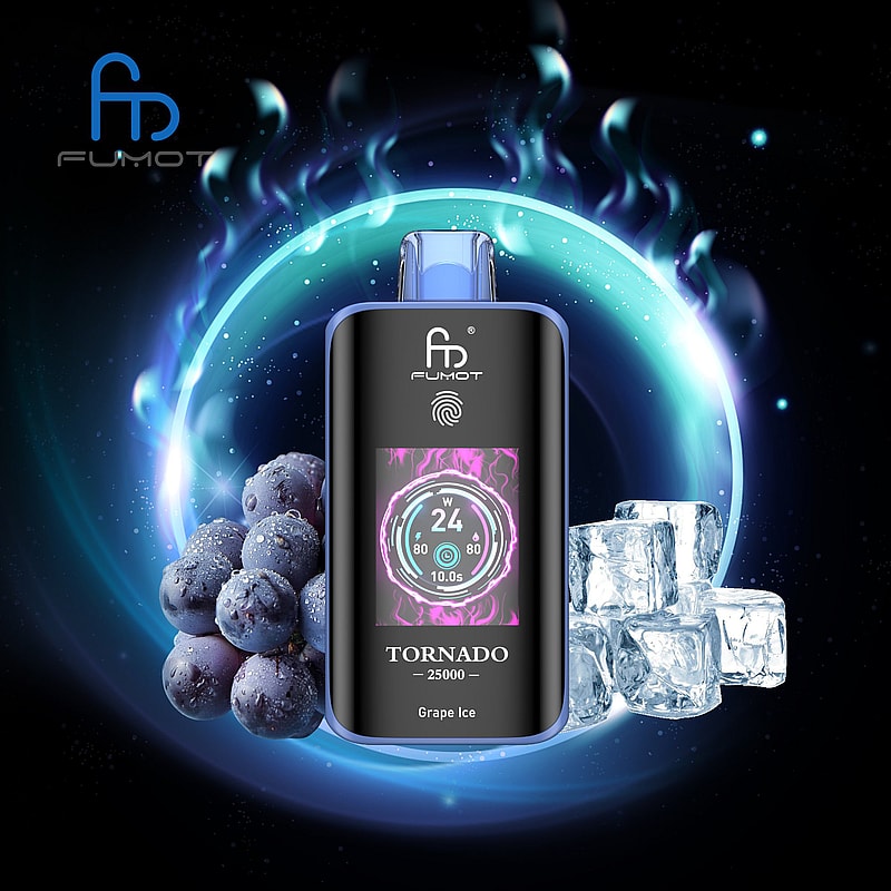 The RandM Fumot Tornado 25K Puffs Vape delivers 20 mL e‑liquid, 700 mAh battery, dual mesh coil,TFT display,touch‑switch power control and Type‑C charging with 2%,3%,5% nicotine