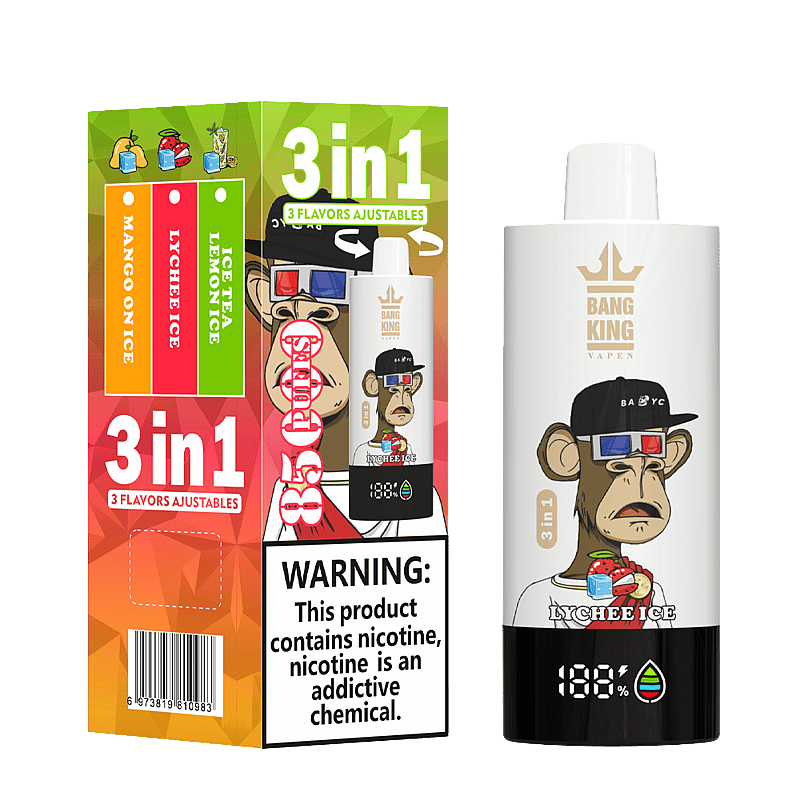 Bang King Triple 85000 Puffs Vape offers 3-in-1 adjustable flavors, triple mesh coil, LED display, and 63mL capacity—perfect for long-lasting, flavorful vaping.