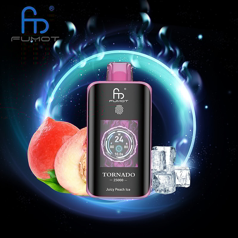 The RandM Fumot Tornado 25K Puffs Vape delivers 20 mL e‑liquid, 700 mAh battery, dual mesh coil,TFT display,touch‑switch power control and Type‑C charging with 2%,3%,5% nicotine