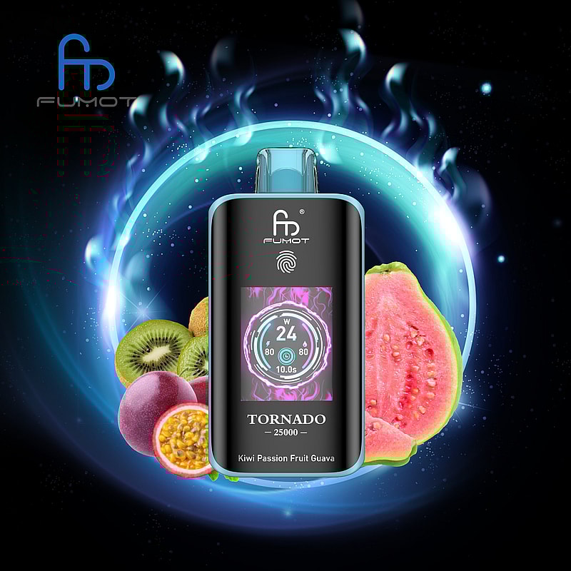 The RandM Fumot Tornado 25K Puffs Vape delivers 20 mL e‑liquid, 700 mAh battery, dual mesh coil,TFT display,touch‑switch power control and Type‑C charging with 2%,3%,5% nicotine
