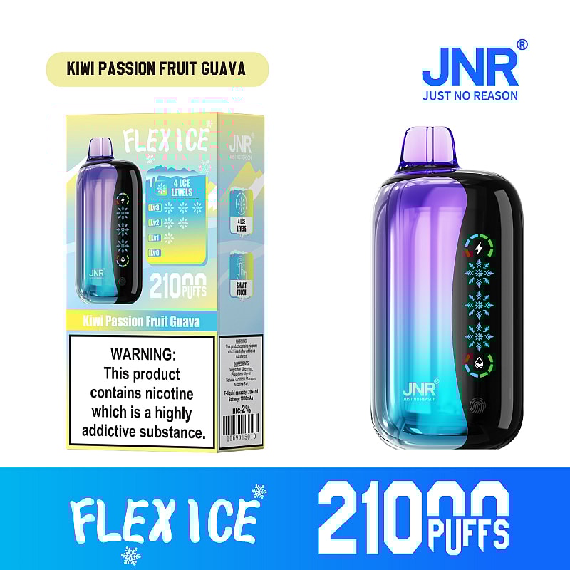 JNR Flex Ice 21000 puffs vape offers  dual mesh coil, touch screen, adjustable ice and airflow, with 15 flavors, LED display, and Type-C fast charging.