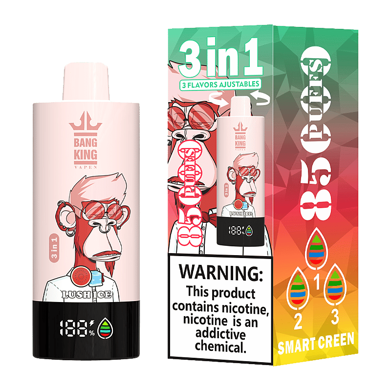 Bang King Triple 85000 Puffs Vape offers 3-in-1 adjustable flavors, triple mesh coil, LED display, and 63mL capacity—perfect for long-lasting, flavorful vaping.