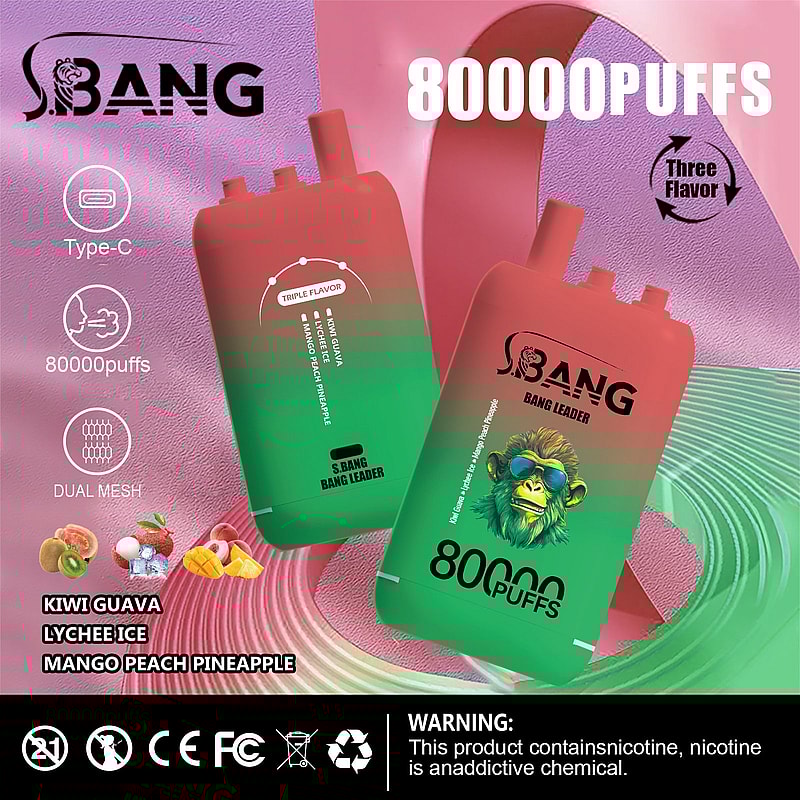Promotional image for Bang Bang Leader disposable vape device featuring 80000 puffs, Type-C charging, dual mesh system, and triple flavors (Kiwi Guava, Lychee Ice, Mango Peach Pineapple), with health warning and certifications displayed.