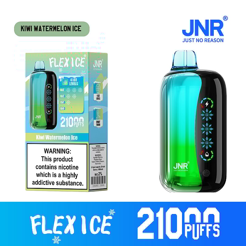 JNR Flex Ice 21000 puffs vape offers  dual mesh coil, touch screen, adjustable ice and airflow, with 15 flavors, LED display, and Type-C fast charging.