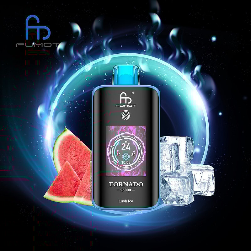 The RandM Fumot Tornado 25K Puffs Vape delivers 20 mL e‑liquid, 700 mAh battery, dual mesh coil,TFT display,touch‑switch power control and Type‑C charging with 2%,3%,5% nicotine