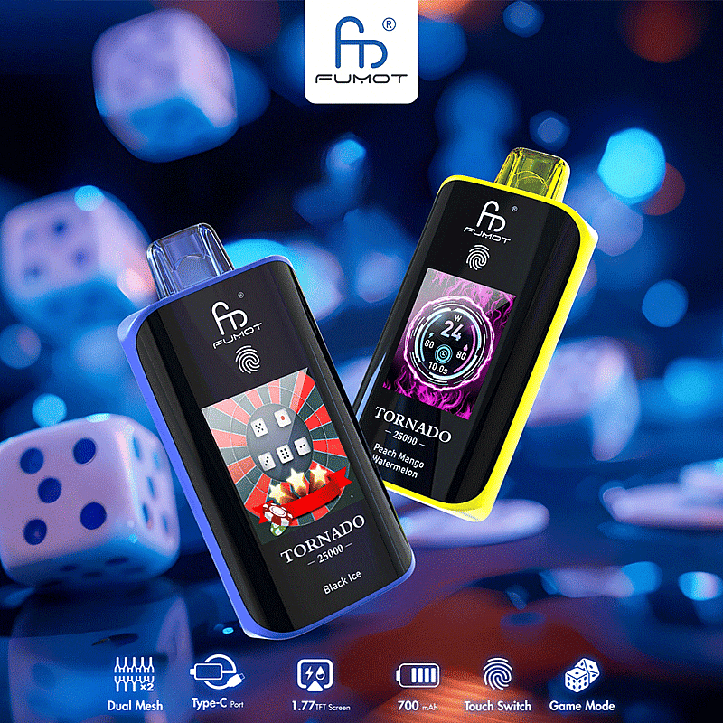 The RandM Fumot Tornado 25K Puffs Vape delivers 20 mL e‑liquid, 700 mAh battery, dual mesh coil,TFT display,touch‑switch power control and Type‑C charging with 2%,3%,5% nicotine
