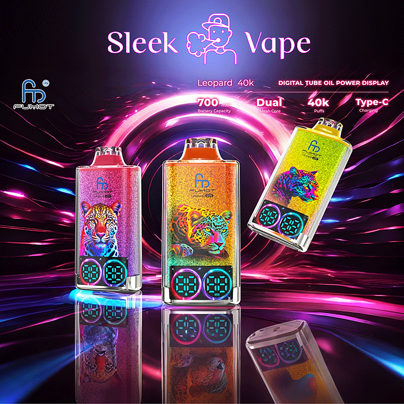 A promotional image of sleek vaping devices branded as Leopard 40k, featuring colorful designs with leopard illustrations, digital tube oil power displays, and specifications such as 700mAh battery capacity, dual mesh core, 40,000 puffs, and Type-C charging amidst luminous futuristic graphics.