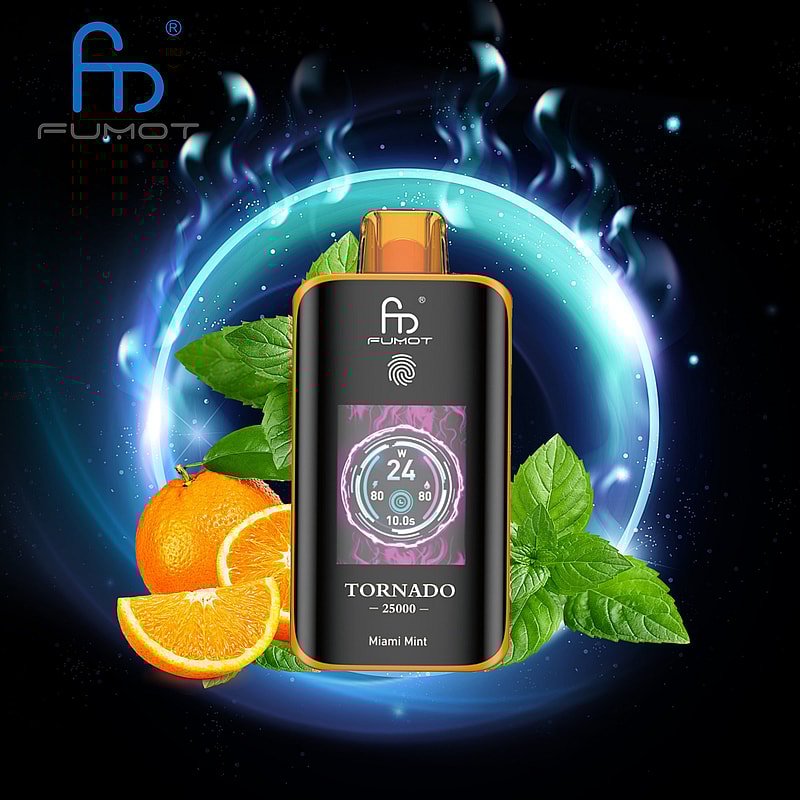 The RandM Fumot Tornado 25K Puffs Vape delivers 20 mL e‑liquid, 700 mAh battery, dual mesh coil,TFT display,touch‑switch power control and Type‑C charging with 2%,3%,5% nicotine
