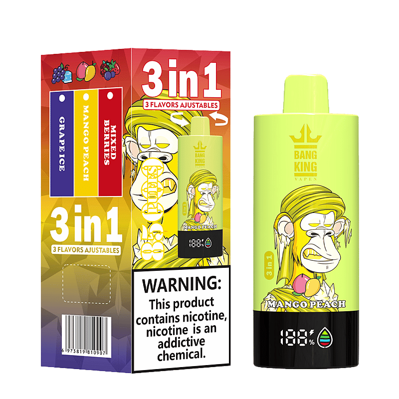 Bang King Triple 85000 Puffs Vape offers 3-in-1 adjustable flavors, triple mesh coil, LED display, and 63mL capacity—perfect for long-lasting, flavorful vaping.