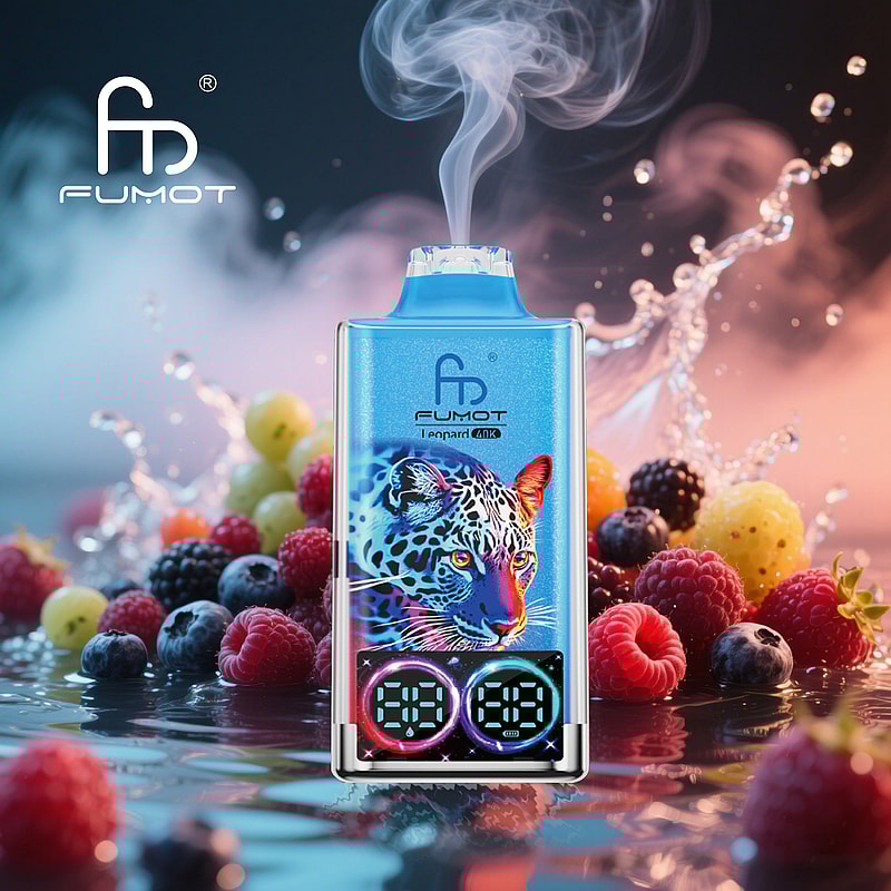 RandM Fumot Leopard 40K puffs vape delivers dual mesh coils, LED indicator, RGB lights, digital display, and 16 flavors with 2%, 3%, or 5% nicotine.
