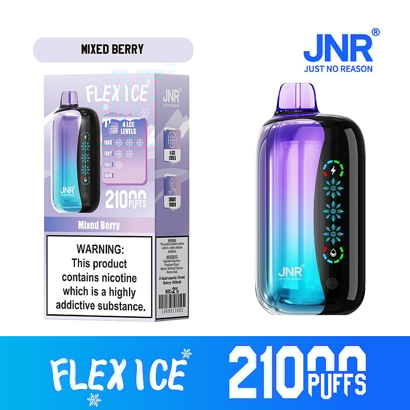 JNR Flex Ice 21000 puffs vape offers  dual mesh coil, touch screen, adjustable ice and airflow, with 15 flavors, LED display, and Type-C fast charging.