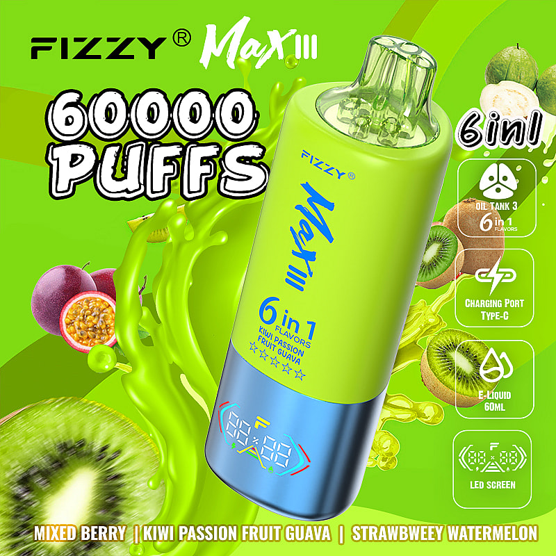 enjoy the Fizzy Max III 60000 Puffs Disposable Vape with 60mL e-liquid, 6 flavor modes, mesh coil, 850mAh battery, Type-C charging, and 10 delicious flavors.