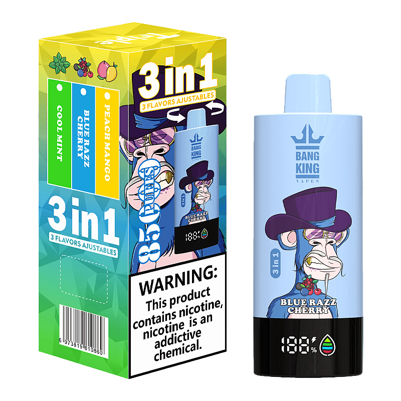 Bang King Triple 85000 Puffs Vape offers 3-in-1 adjustable flavors, triple mesh coil, LED display, and 63mL capacity—perfect for long-lasting, flavorful vaping.