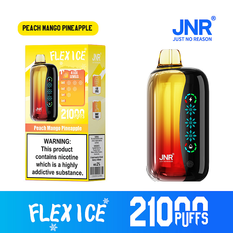 JNR Flex Ice 21000 puffs vape offers  dual mesh coil, touch screen, adjustable ice and airflow, with 15 flavors, LED display, and Type-C fast charging.
