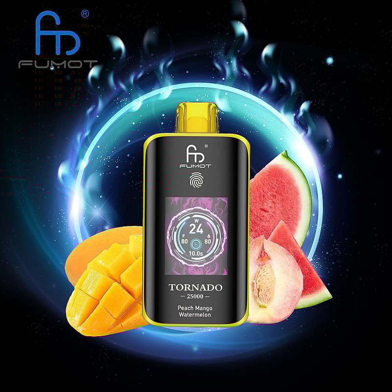 The RandM Fumot Tornado 25K Puffs Vape delivers 20 mL e‑liquid, 700 mAh battery, dual mesh coil,TFT display,touch‑switch power control and Type‑C charging with 2%,3%,5% nicotine