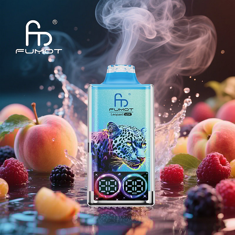 RandM Fumot Leopard 40K puffs vape delivers dual mesh coils, LED indicator, RGB lights, digital display, and 16 flavors with 2%, 3%, or 5% nicotine.