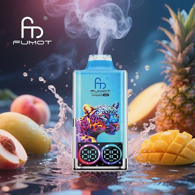 RandM Fumot Leopard 40K puffs vape delivers dual mesh coils, LED indicator, RGB lights, digital display, and 16 flavors with 2%, 3%, or 5% nicotine.