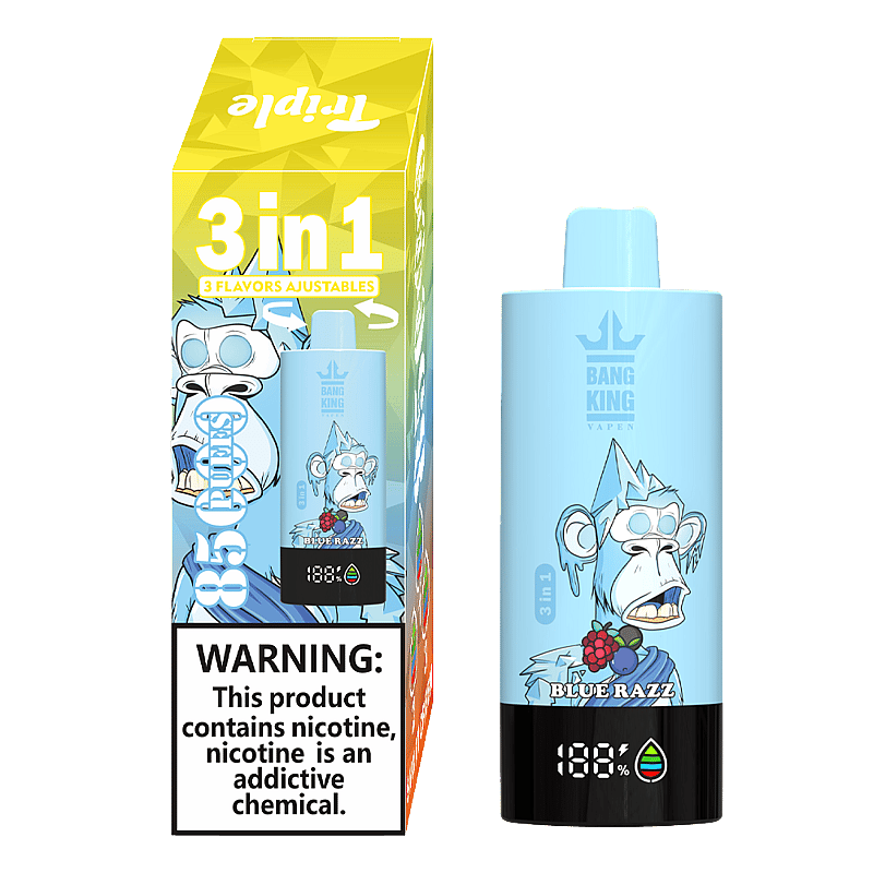 Bang King Triple 85000 Puffs Vape offers 3-in-1 adjustable flavors, triple mesh coil, LED display, and 63mL capacity—perfect for long-lasting, flavorful vaping.