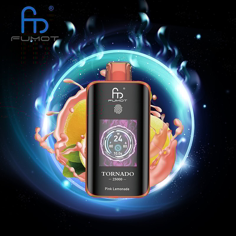 The RandM Fumot Tornado 25K Puffs Vape delivers 20 mL e‑liquid, 700 mAh battery, dual mesh coil,TFT display,touch‑switch power control and Type‑C charging with 2%,3%,5% nicotine