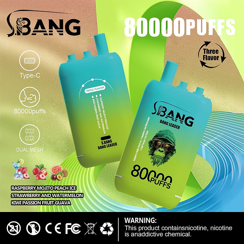 Promotional poster featuring two BANG vape devices with colorful designs, highlighted features such as Type-C charging, 80000 puffs, dual mesh technology, and three-flavor options including Raspberry Mojito Peach Ice, Strawberry and Watermelon, and Kiwi Passion Fruit Guava; contains a nicotine warning label.