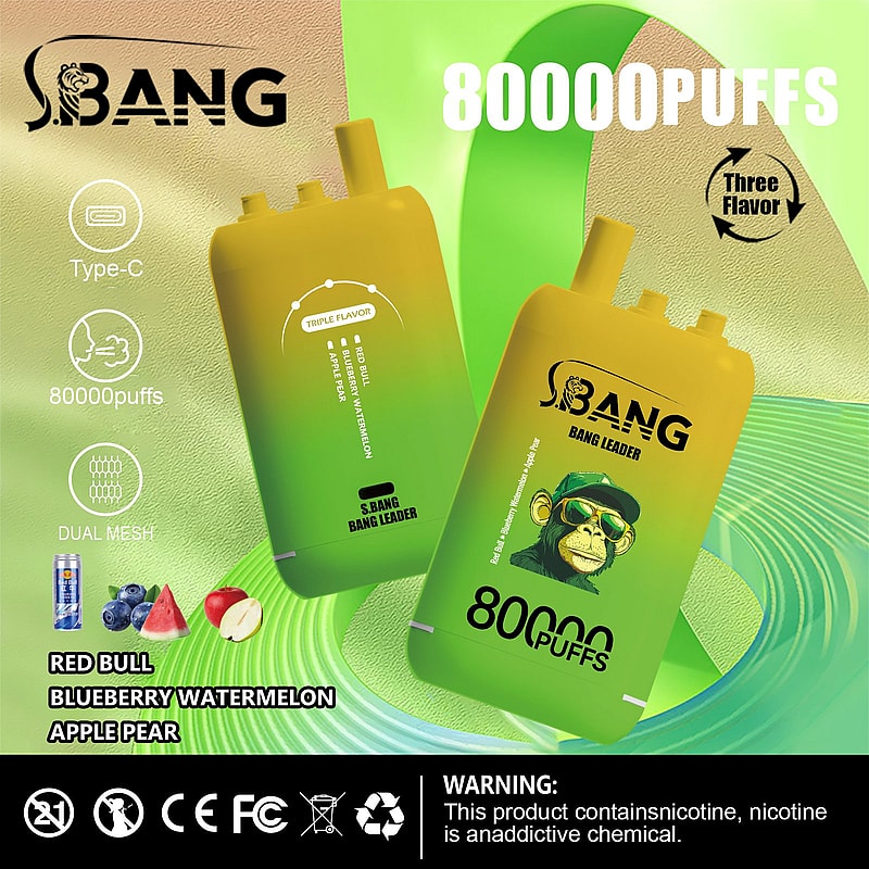 Advertisement for Bang electronic vapor devices featuring dual mesh technology, 80000 puffs capacity, Type-C charging, and multiple flavors including Red Bull, Blueberry Watermelon, and Apple Pear, against a green abstract background with product warnings.