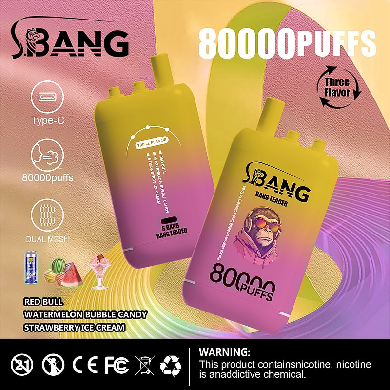 Promotional image featuring two vibrant yellow and purple Bang vaping devices labeled '80000 Puffs,' showcasing triple flavor options and technical details like Type-C charging and dual mesh technology, with warnings about nicotine usage below.