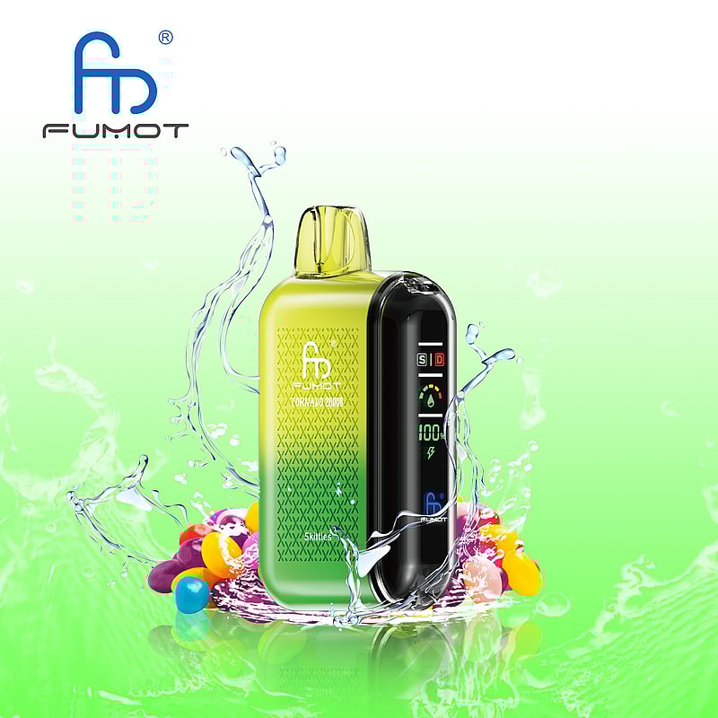RandM Fumot Tornado 20K Puffs Vape offers dual mesh coil, smart screen, 850mAh battery, 20mL capacity, Type-C and 39 flavors for powerful vaping anytime.