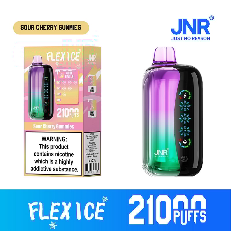 JNR Flex Ice 21000 puffs vape offers  dual mesh coil, touch screen, adjustable ice and airflow, with 15 flavors, LED display, and Type-C fast charging.