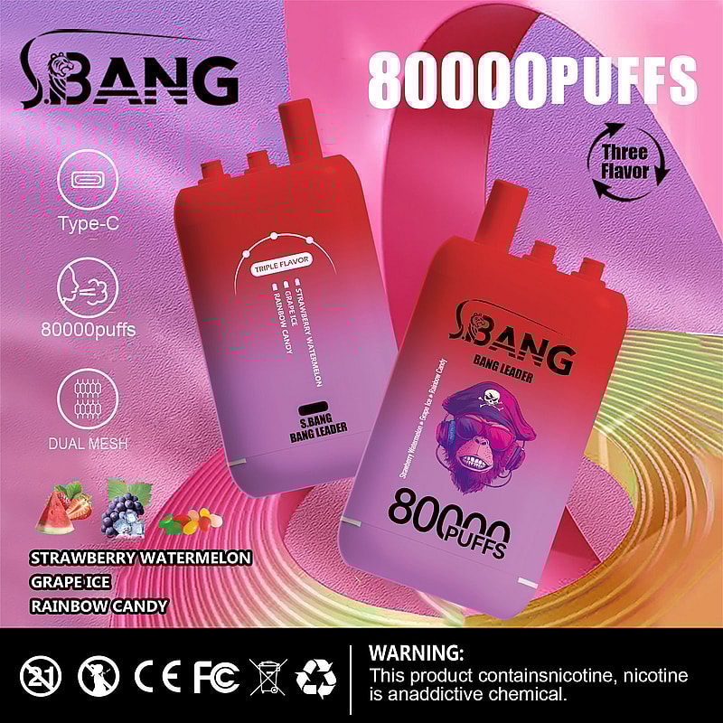 Promotional image displaying two BANG Bang Leader vape devices with 80000 puffs, triple flavors (Strawberry Watermelon, Grape Ice, Rainbow Candy), Type-C charging, dual mesh atomizer, and a safety warning about nicotine.
