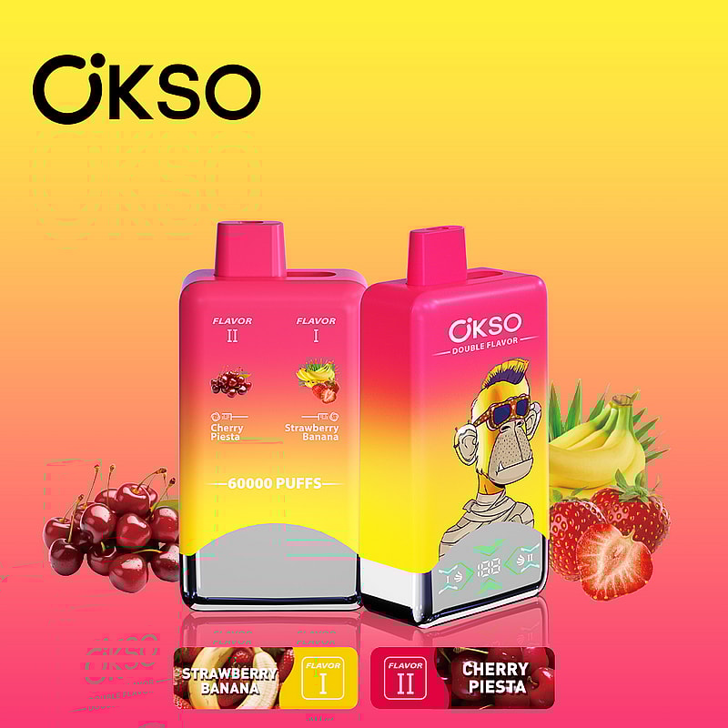 OKSO Double Flavor 60000 Puffs Vape features 50mL e-liquid, dual mesh coils, LED screen, Type-C charging, and switchable double flavors with nicotine options.
