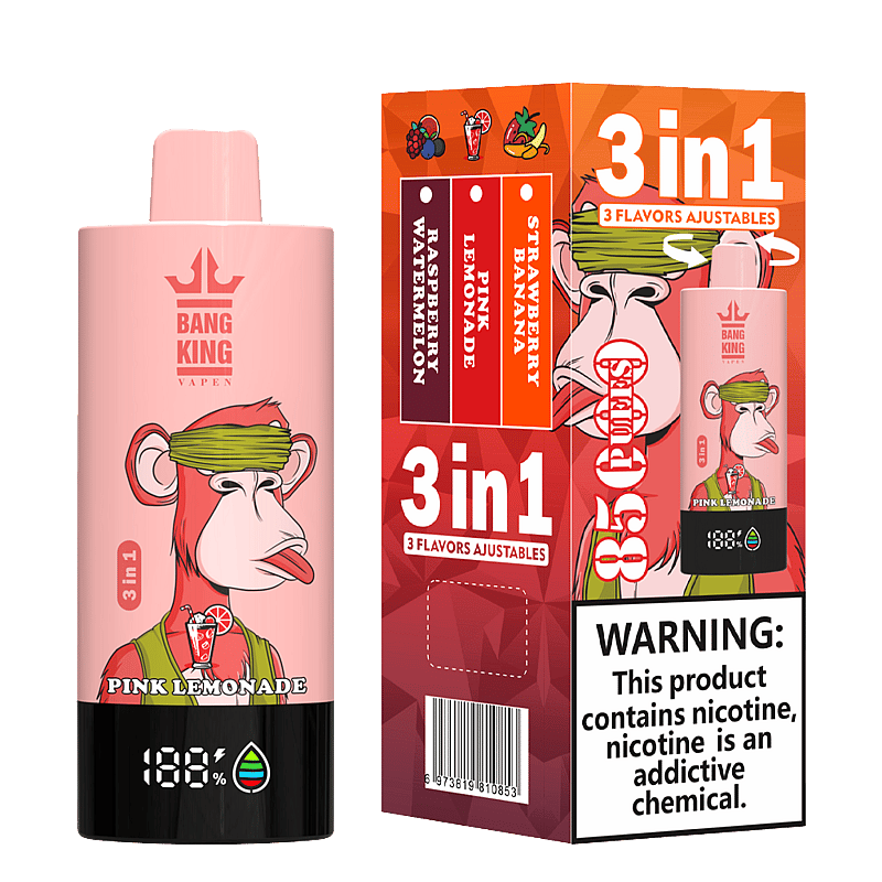 Bang King Triple 85000 Puffs Vape offers 3-in-1 adjustable flavors, triple mesh coil, LED display, and 63mL capacity—perfect for long-lasting, flavorful vaping.