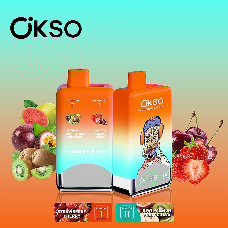 OKSO Double Flavor 60000 Puffs Vape features 50mL e-liquid, dual mesh coils, LED screen, Type-C charging, and switchable double flavors with nicotine options.