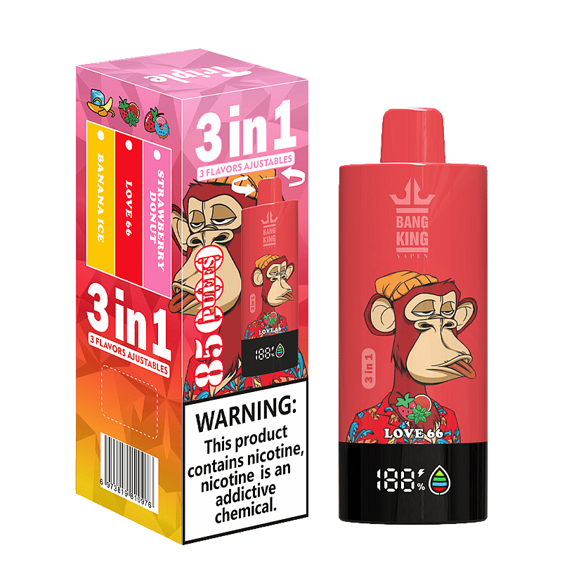 Bang King Triple 85000 Puffs Vape offers 3-in-1 adjustable flavors, triple mesh coil, LED display, and 63mL capacity—perfect for long-lasting, flavorful vaping.