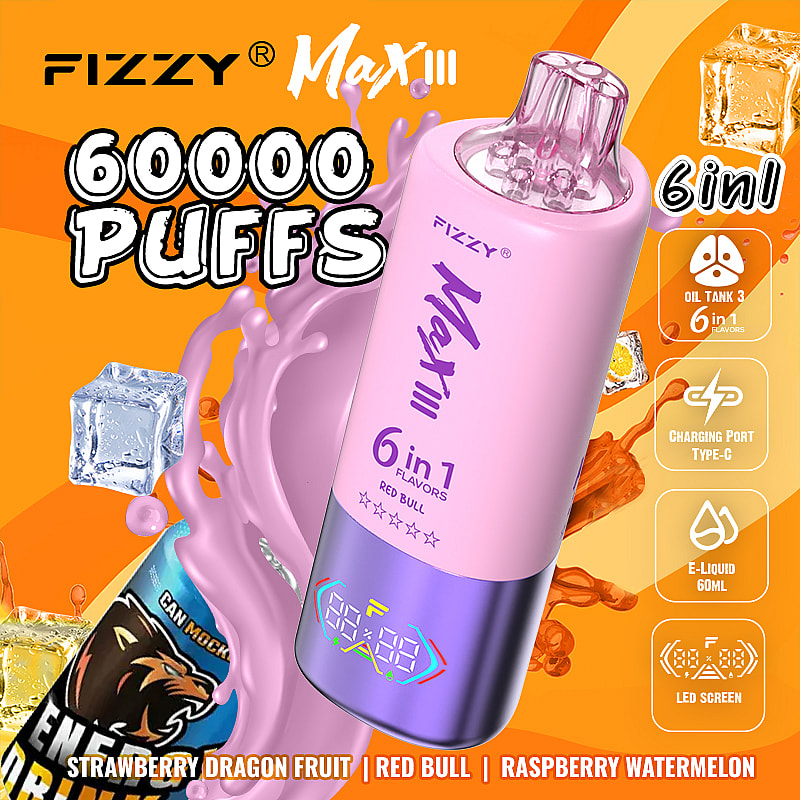 enjoy the Fizzy Max III 60000 Puffs Disposable Vape with 60mL e-liquid, 6 flavor modes, mesh coil, 850mAh battery, Type-C charging, and 10 delicious flavors.