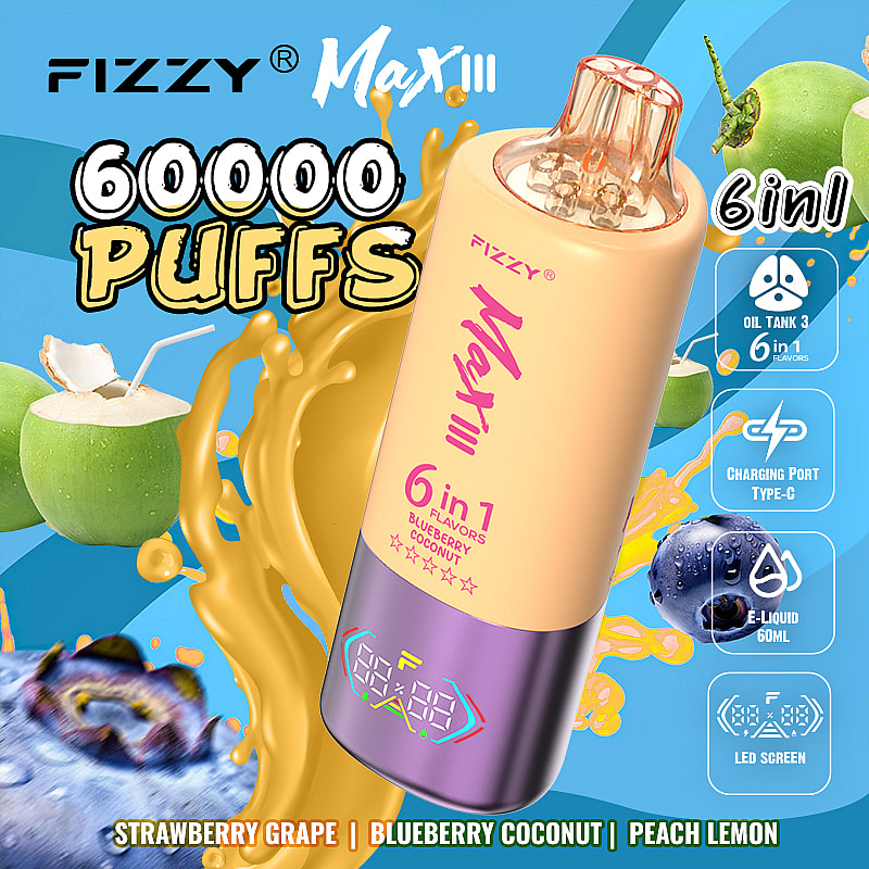 enjoy the Fizzy Max III 60000 Puffs Disposable Vape with 60mL e-liquid, 6 flavor modes, mesh coil, 850mAh battery, Type-C charging, and 10 delicious flavors.