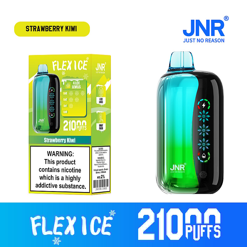JNR Flex Ice 21000 puffs vape offers  dual mesh coil, touch screen, adjustable ice and airflow, with 15 flavors, LED display, and Type-C fast charging.