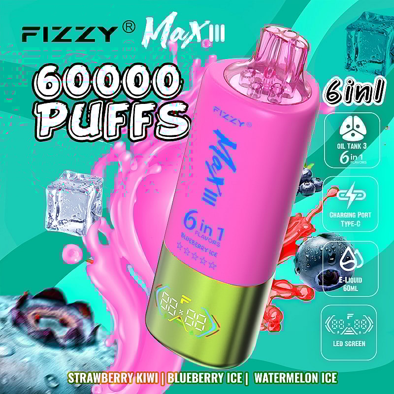 enjoy the Fizzy Max III 60000 Puffs Disposable Vape with 60mL e-liquid, 6 flavor modes, mesh coil, 850mAh battery, Type-C charging, and 10 delicious flavors.