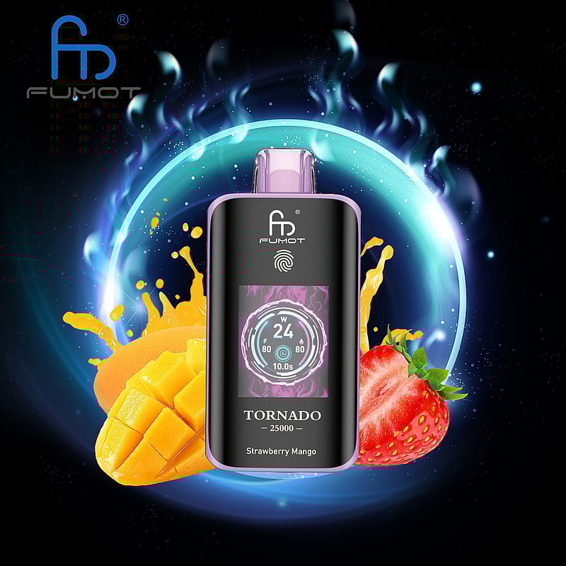 The RandM Fumot Tornado 25K Puffs Vape delivers 20 mL e‑liquid, 700 mAh battery, dual mesh coil,TFT display,touch‑switch power control and Type‑C charging with 2%,3%,5% nicotine