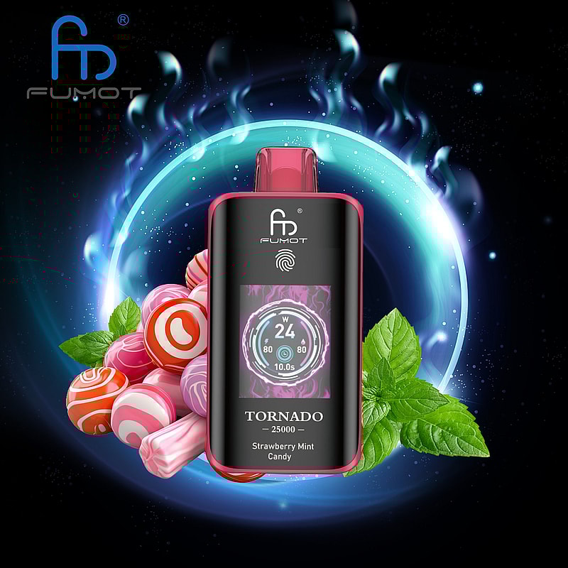 The RandM Fumot Tornado 25K Puffs Vape delivers 20 mL e‑liquid, 700 mAh battery, dual mesh coil,TFT display,touch‑switch power control and Type‑C charging with 2%,3%,5% nicotine