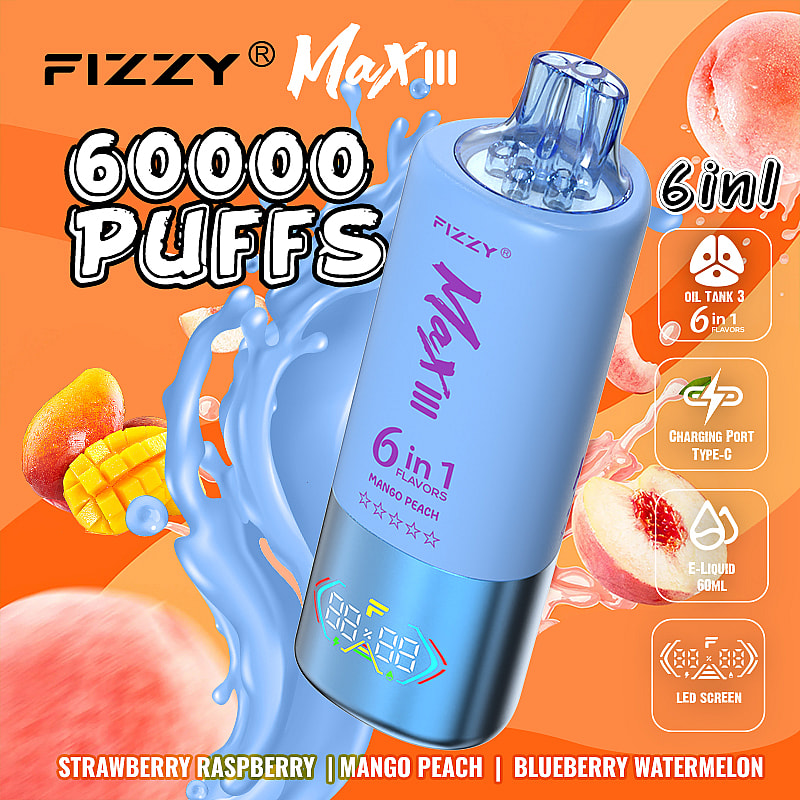 enjoy the Fizzy Max III 60000 Puffs Disposable Vape with 60mL e-liquid, 6 flavor modes, mesh coil, 850mAh battery, Type-C charging, and 10 delicious flavors.