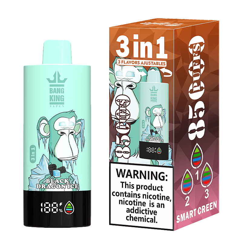 Bang King Triple 85000 Puffs Vape offers 3-in-1 adjustable flavors, triple mesh coil, LED display, and 63mL capacity—perfect for long-lasting, flavorful vaping.