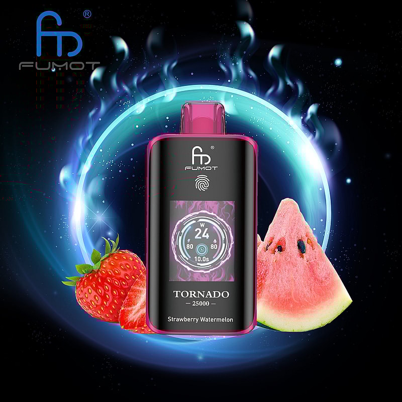 The RandM Fumot Tornado 25K Puffs Vape delivers 20 mL e‑liquid, 700 mAh battery, dual mesh coil,TFT display,touch‑switch power control and Type‑C charging with 2%,3%,5% nicotine