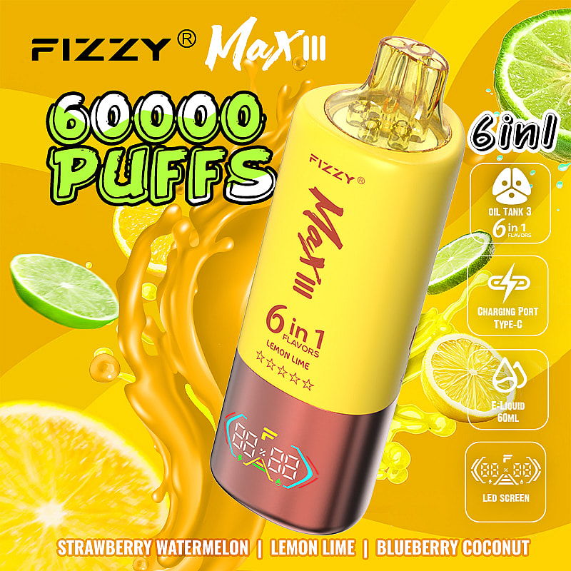 enjoy the Fizzy Max III 60000 Puffs Disposable Vape with 60mL e-liquid, 6 flavor modes, mesh coil, 850mAh battery, Type-C charging, and 10 delicious flavors.