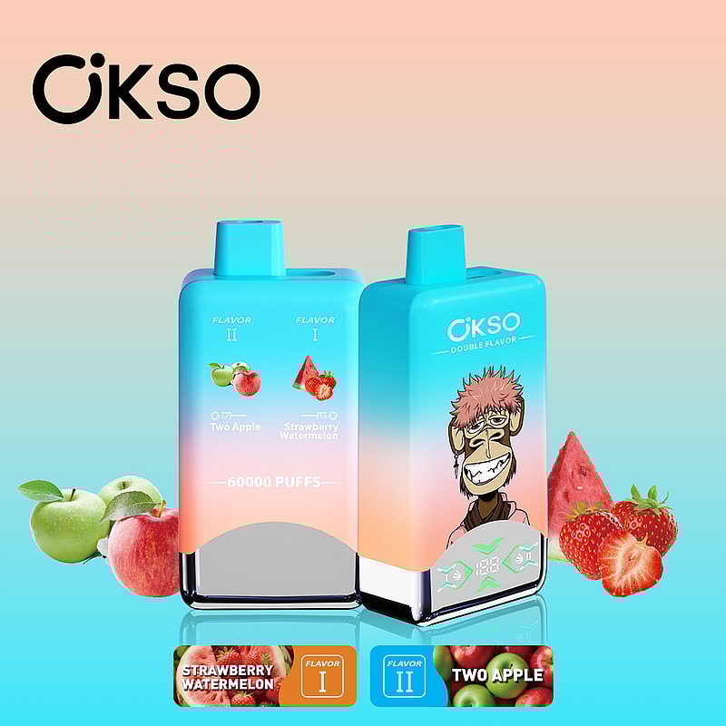 OKSO Double Flavor 60000 Puffs Vape features 50mL e-liquid, dual mesh coils, LED screen, Type-C charging, and switchable double flavors with nicotine options.